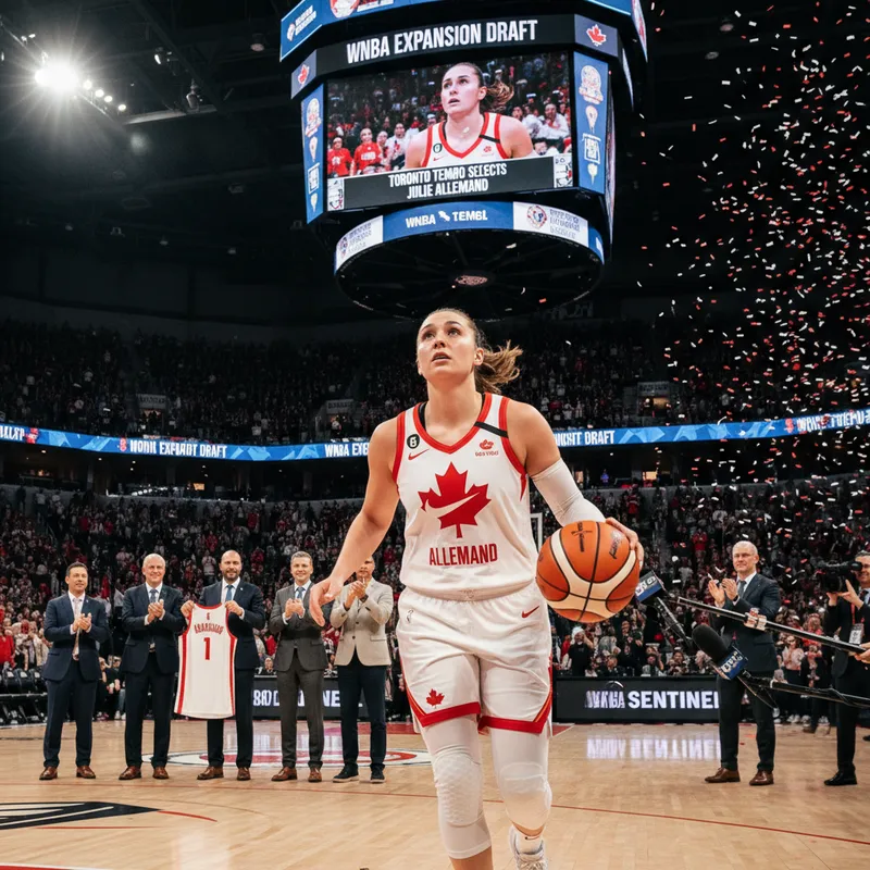 Guard Julie Allemand in action during a dynamic basketball game, representing the Toronto Tempo.