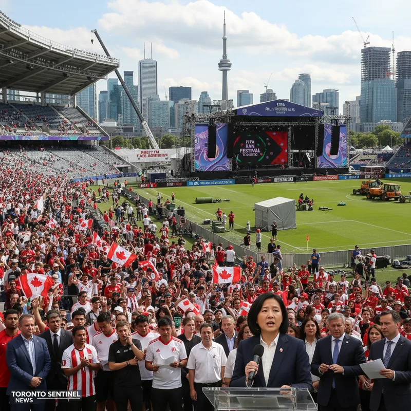 Dynamic action shot of a soccer crowd at a Toronto FIFA Fan Festival, with a realistic stadium background.