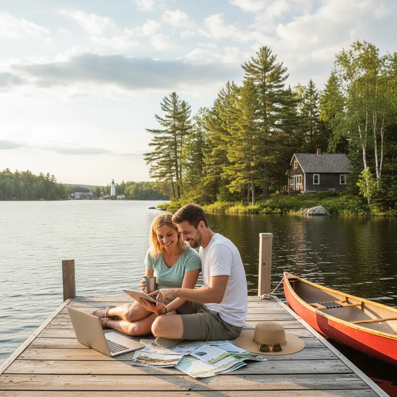 Scenic view of a lake with cottages in the distance, representing Toronto's cottage country rentals for summer 2026.