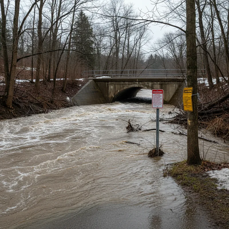 A Toronto ravine river, swollen by rain and melting snow, flows rapidly under a trail underpass marked with warning signs.
