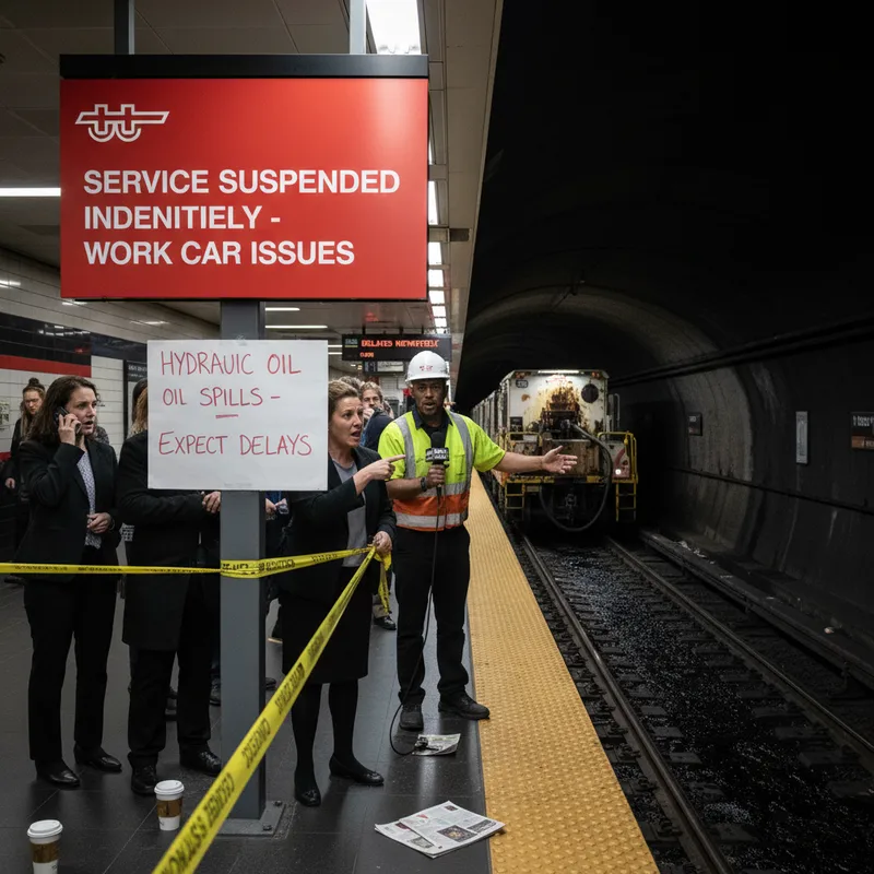 Toronto Transit Commission subway tracks with suspended maintenance work cars after hydraulic oil spills.