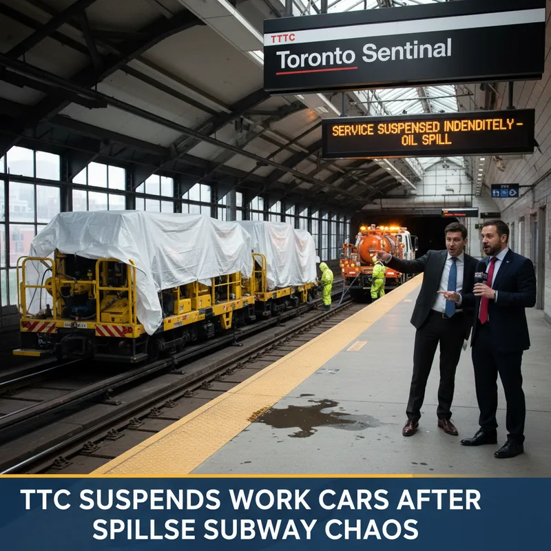 Toronto subway platform where maintenance work cars are suspended after two hydraulic oil spills.