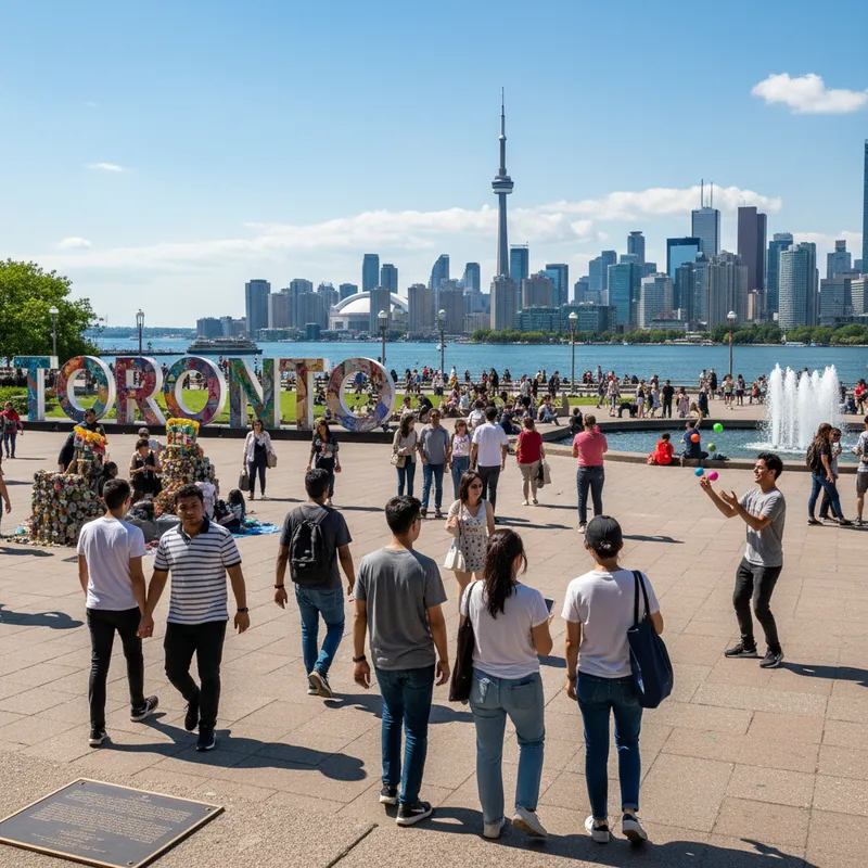Tourists and locals enjoying a sunny day exploring the vibrant St. Lawrence Market neighborhood in Toronto.