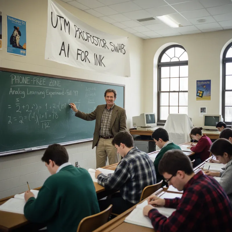 Professor leads a 1990s-themed lecture, replacing technology with traditional methods to engage students.