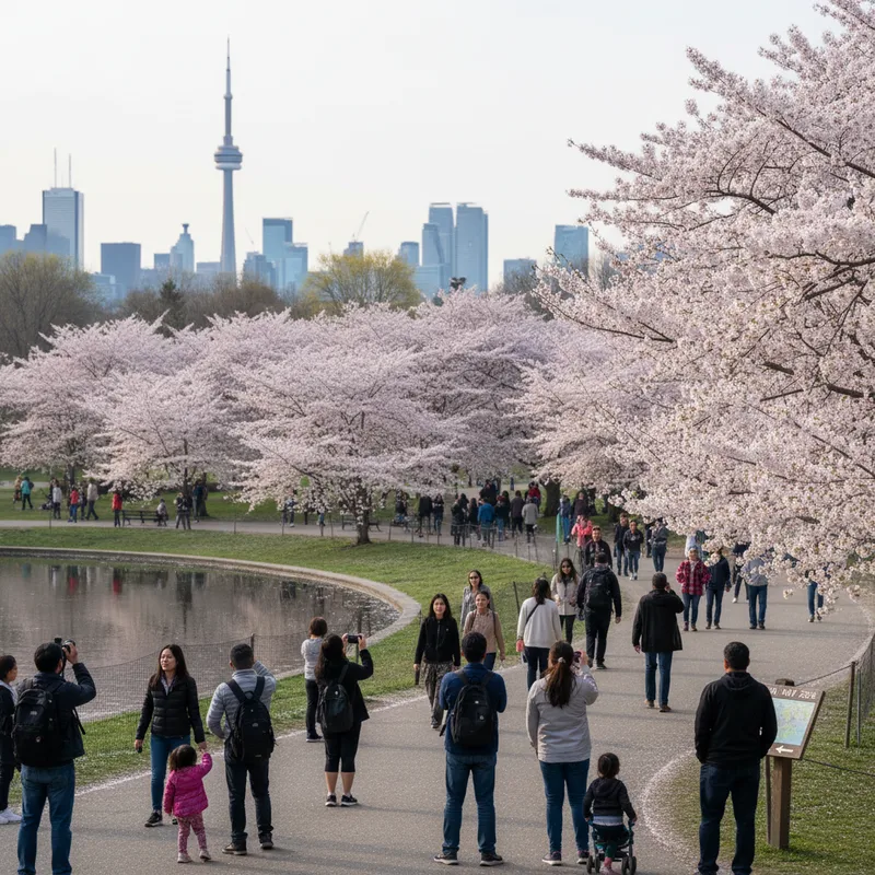 Cherry blossoms in High Park, Toronto, with predicted peak bloom in April and May 2026.